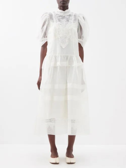 Beaded Heart-cutout Lace & Silk-organza Midi Dress - Womens - Ivory
