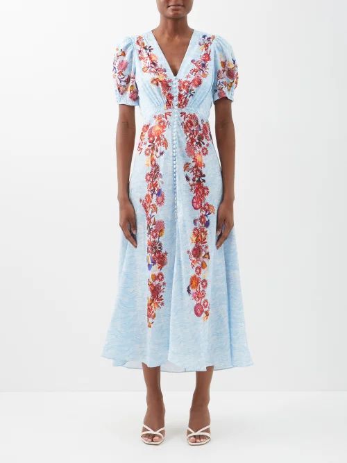 Lea Floral-print Silk-satin Midi Dress - Womens - Blue Multi
