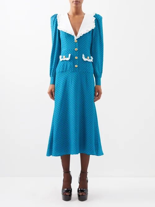 Ruffled-collar Polka-dot Silk Dress - Womens - Blue