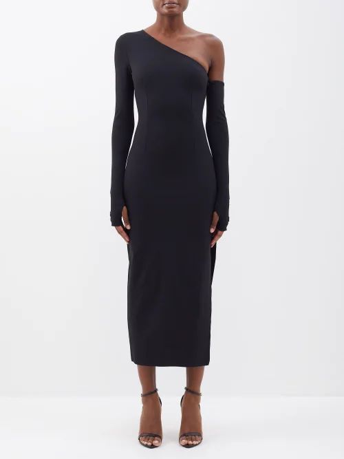 One-shoulder Thumbhole-cuff Jersey Dress - Womens - Black