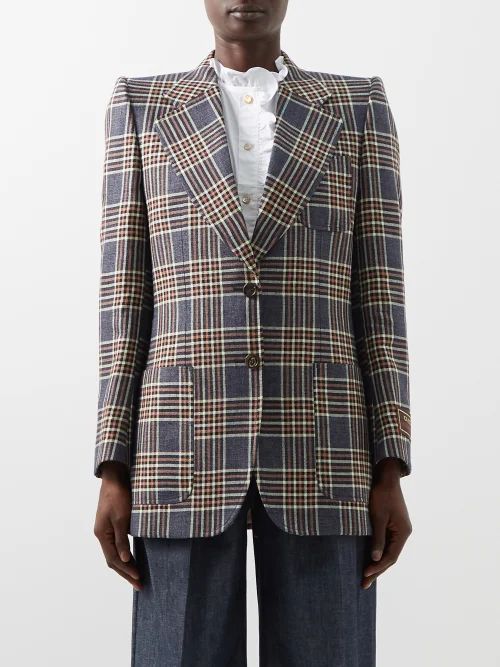 Single-breasted Check Silk-mouliné Jacket - Womens - Blue Multi