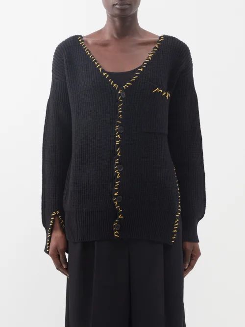 Blanket-stitch Cable-knit Wool Cardigan - Womens - Black