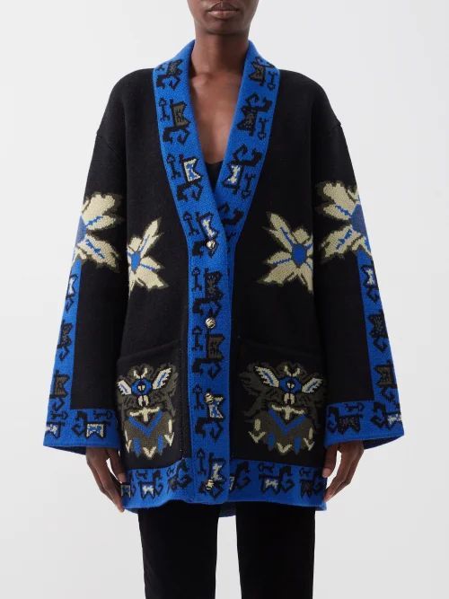 Kerkira Oversized Wool-jacquard Cardigan - Womens - Black