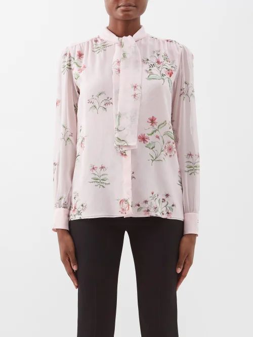 Tie-neck Floral Silk-georgette Blouse - Womens - Light Pink Multi