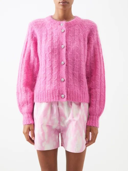 Balloon-sleeve Cabled Mohair-blend Cardigan - Womens - Mid Pink
