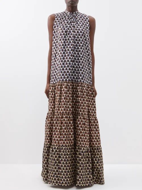 Iglo Printed Gathered Silk Maxi Dress - Womens - Navy Brown