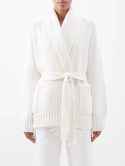 Belted Ribbed Cashmere Wrap Cardigan - Womens - White / Ivory