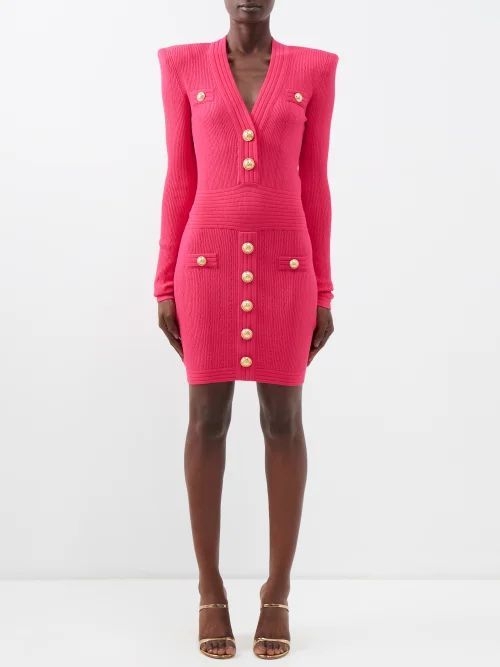 V-neck Jacquard-knit Mini Dress - Womens - Pink