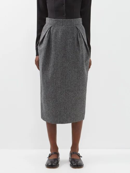 High-rise Pleated Herringbone-wool Midi Skirt - Womens - Grey