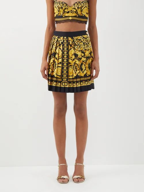Baroque-print Pleated Silk-twill Mini Skirt - Womens - Yellow Black
