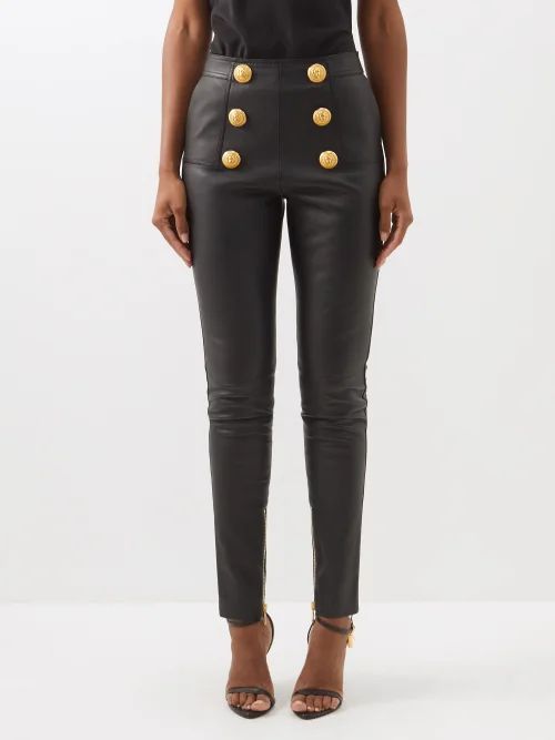 Button-embellished Leather Skinny Trousers - Womens - Black