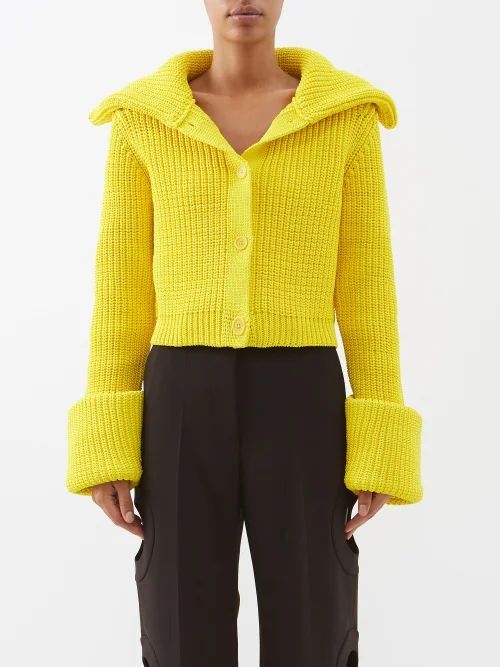 Exaggerated-collar Cropped Recycled-knit Cardigan - Womens - Yellow