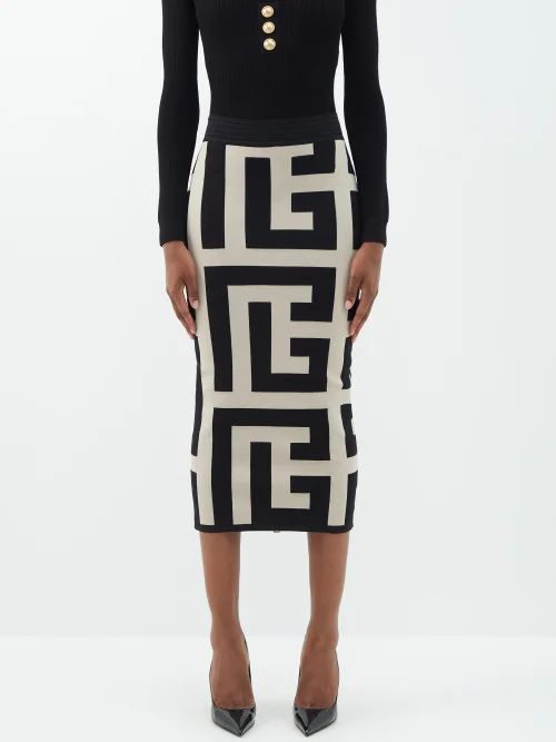 Monogram-jacquard Wool-blend Pencil Skirt - Womens - Black Beige
