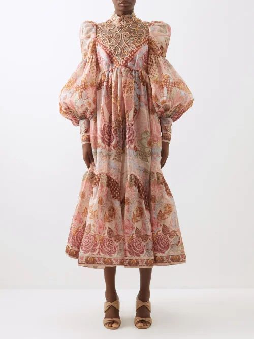 Kaleidoscope Floral-print Linen-blend Midi Dress - Womens - Pink Multi