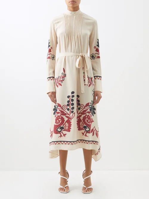 Le Marais Placée-print Silk Midi Dress - Womens - Cream Multi