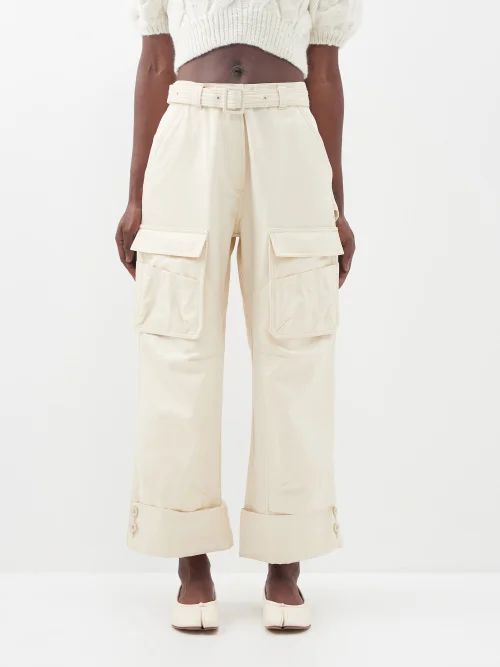 Belted-waist Cotton-drill Cargo Trousers - Womens - Cream