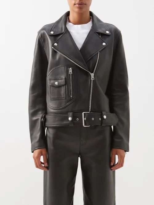 Belted Leather Biker Jacket - Womens - Black