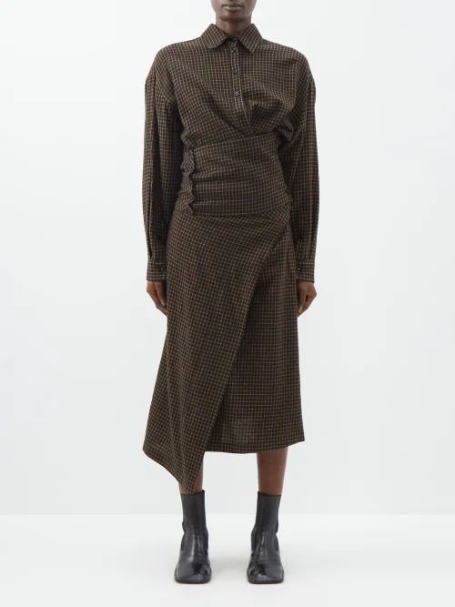 Checked Wool Midi Shirt Dress - Womens - Black