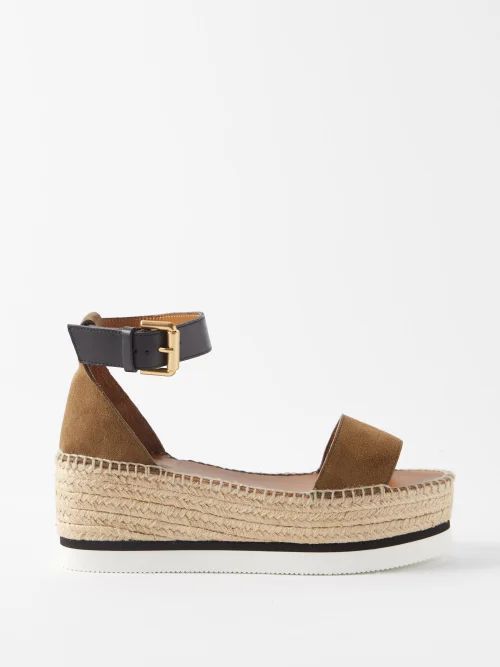 Glyn Suede And Leather Flatform Espadrille Sandals - Womens - Khaki