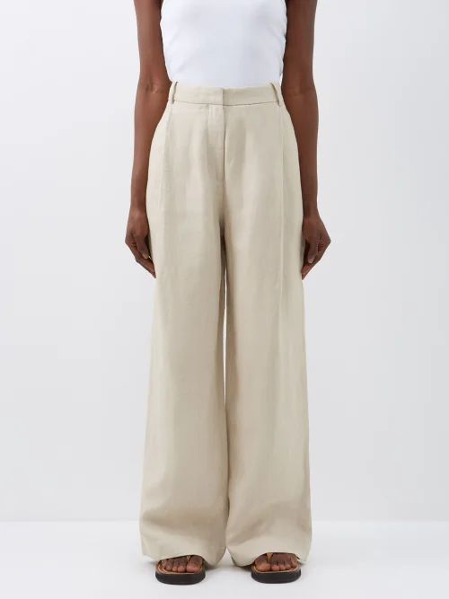 Single-pleat Linen-blend Wide-leg Trousers - Womens - Oatmeal