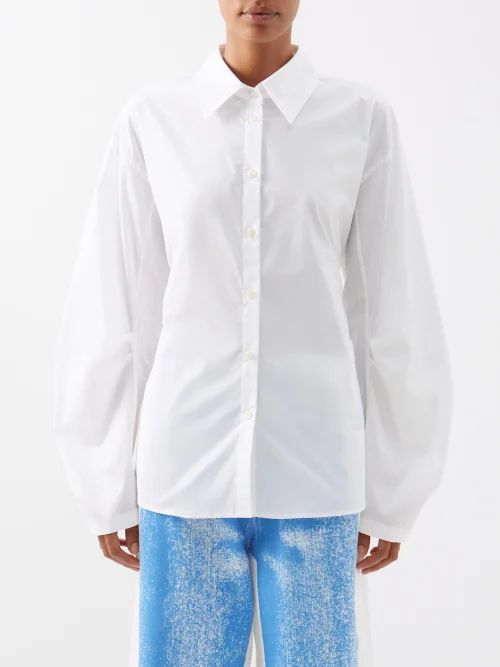 Cutout-back Puff-sleeve Cotton-blend Shirt - Womens - Optical White