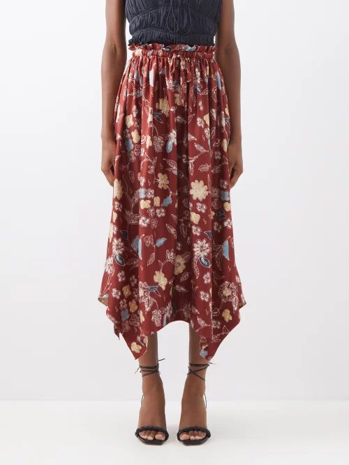 Carine Odesa-print Silk Crepe De Chine Midi Skirt - Womens - Burgundy Print