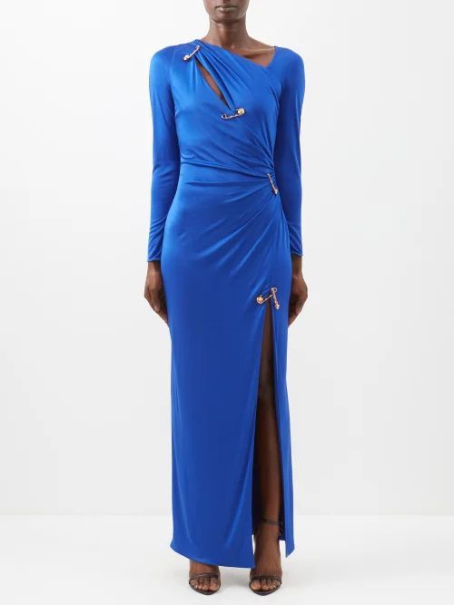 Safety-pin Cutout Side-slit Jersey Gown - Womens - Blue