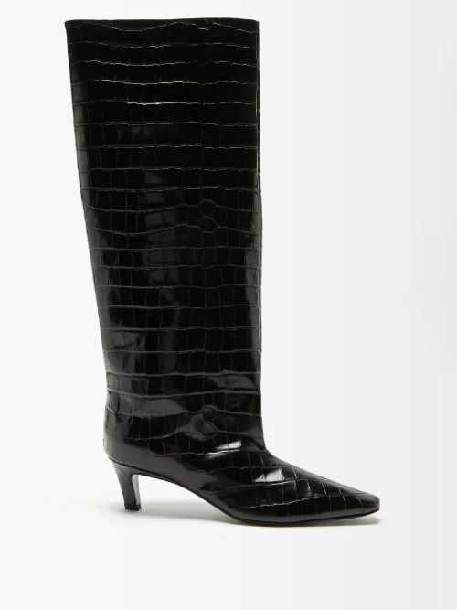 Crocodile-effect Leather Knee-high Boots - Womens - Black