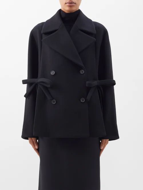 Bow-trim Double-breasted Wool-blend Peacoat - Womens - Black