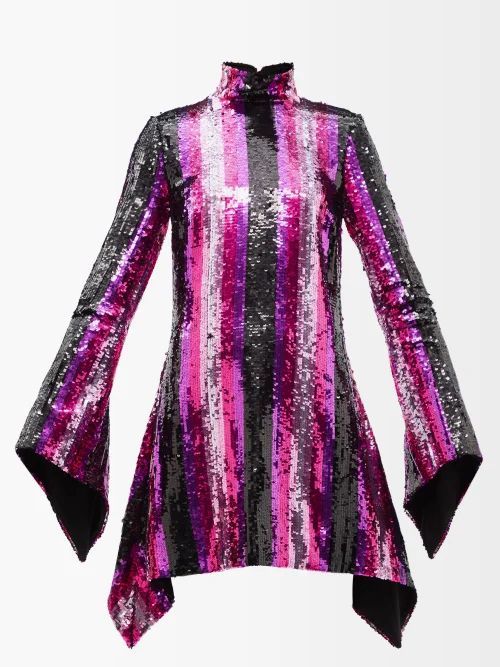 High-neck Striped Sequinned Mini Dress - Womens - Pink Multi