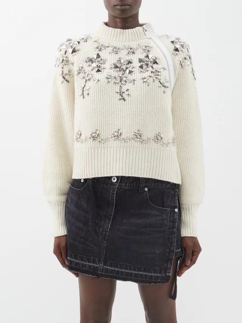 Studded Zipped Ribbed-knit Wool Sweater - Womens - Off White