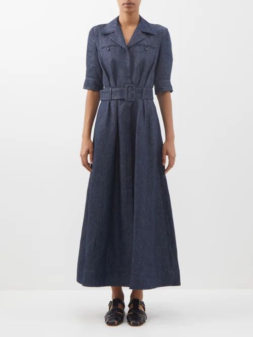 Simone Belted Linen-denim Shirt Dress - Womens - Dark Navy
