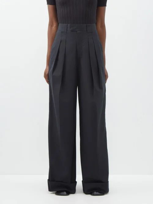 High-rise Pleated Cotton Wide-leg Trousers - Womens - Black