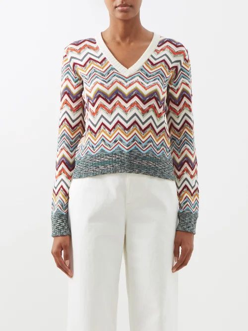 V-neck Wool-blend Jacquard-knit Sweater - Womens - Cream Multi