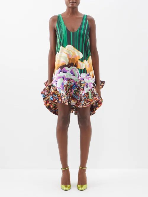 Sonia Ruffled Floral-print Twill Dress - Womens - Green Multi
