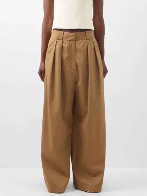 Rico Pleated Cotton-twill Wide-leg Trousers - Womens - Light Khaki