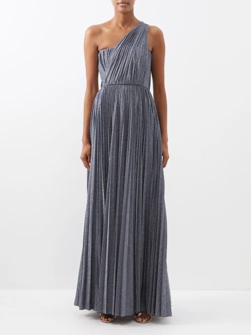 One-shoulder Pleated Lamé-jersey Gown - Womens - Blue
