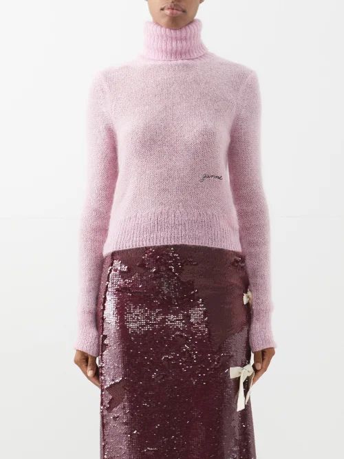 Logo-embroidered Mohair-blend Roll-neck Sweater - Womens - Light Pink
