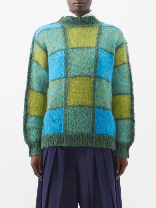 Check-jacquard Wool-blend Sweater - Womens - Green Blue