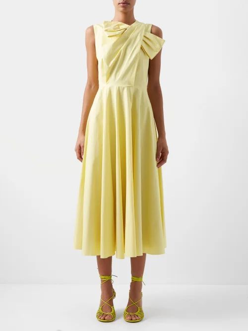 Brigitte Bow-shoulder Cotton Midi Dress - Womens - Light Yellow