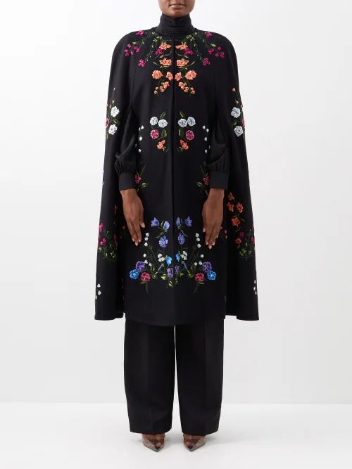 Floral-embroidered Wool-blend Felt Cape - Womens - Black Multi
