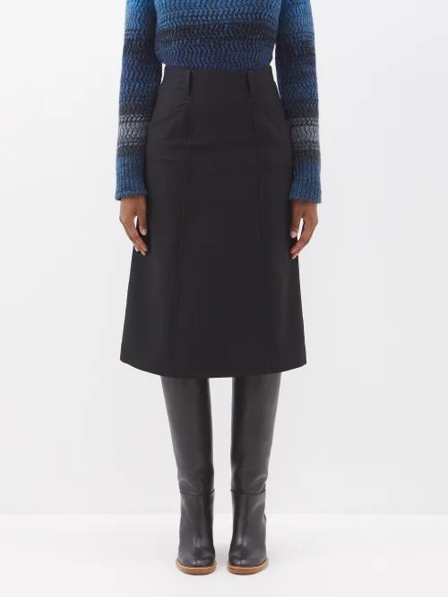 Belted Virgin Wool-twill Midi Skirt - Womens - Black