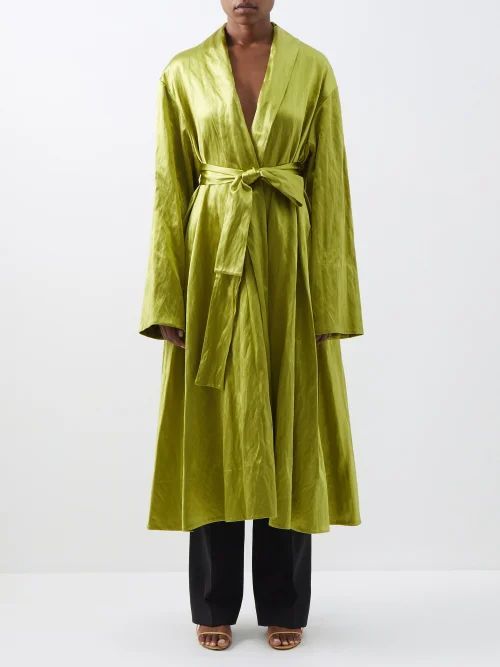 Emeline Belted Crinkled Silk-blend Coat - Womens - Green