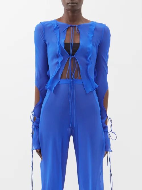 Ruffled Tie-front Silk Shirt - Womens - Cobalt Blue