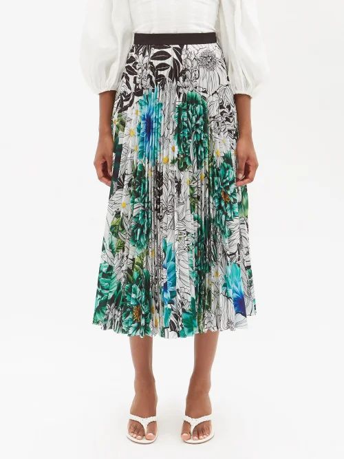 Floral-print Pleated-satin Midi Skirt - Womens - Green Print