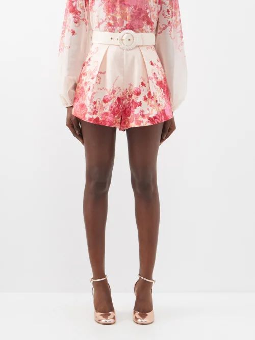 High Tide Floral-print Linen Shorts - Womens - Pink Print