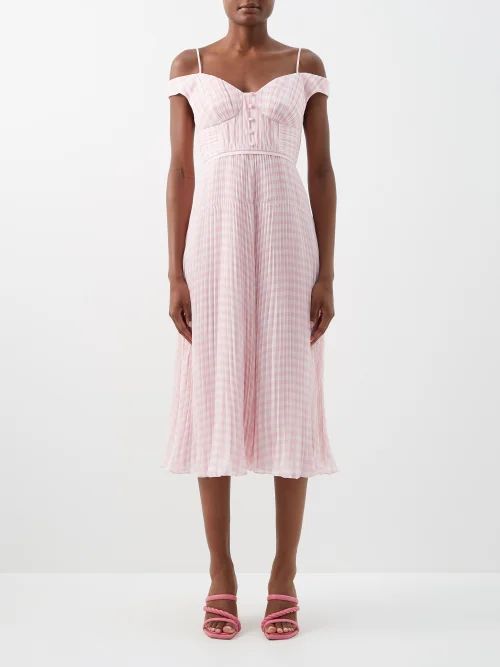 Gingham Off-the-shoulder Chiffon Midi Dress - Womens - Light Pink