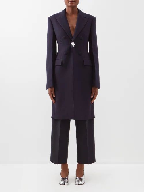 Brooch-embellished Tailored Wool-blend Coat - Womens - Dark Navy