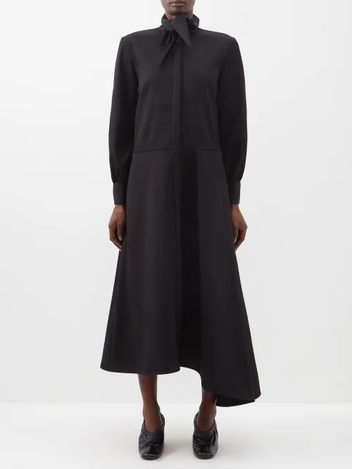 Tie-neck Asymmetric-hem Wool Shirt Dress - Womens - Black