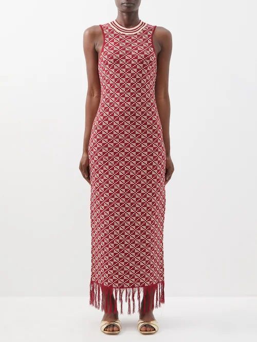 Chen Tasselled Geometric-jacquard Maxi Dress - Womens - Red Cream